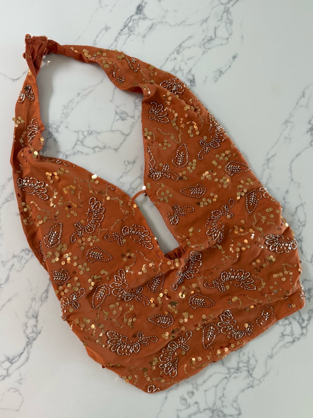 12th Tribe Sequin Sunset Beaded Halter Top - Orange - Size Medium - Picture 2 of 9